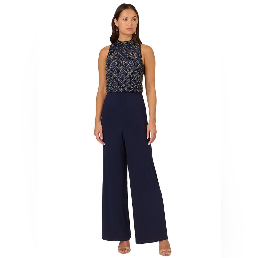 Adrianna Papell Navy and Silver beaded blouson wide leg jumpsuit Size 12 NWT